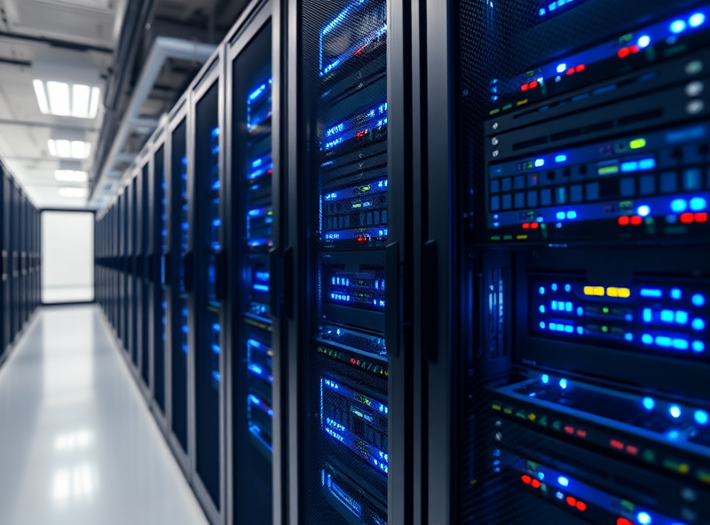 Modern server racks with blue LED lighting in a clean datacenter environment